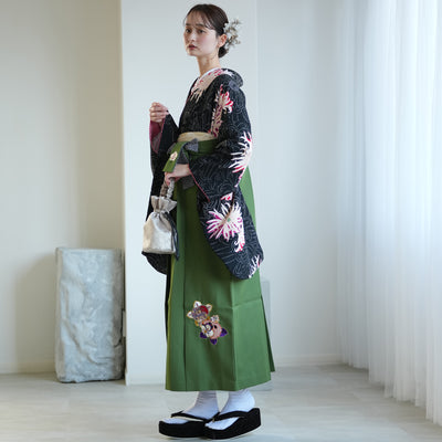 【レンタル】九重 2尺袖 袴 17点セット 91-99cm 日本製 レトロモダン系 糸菊 黒系（1020654701）