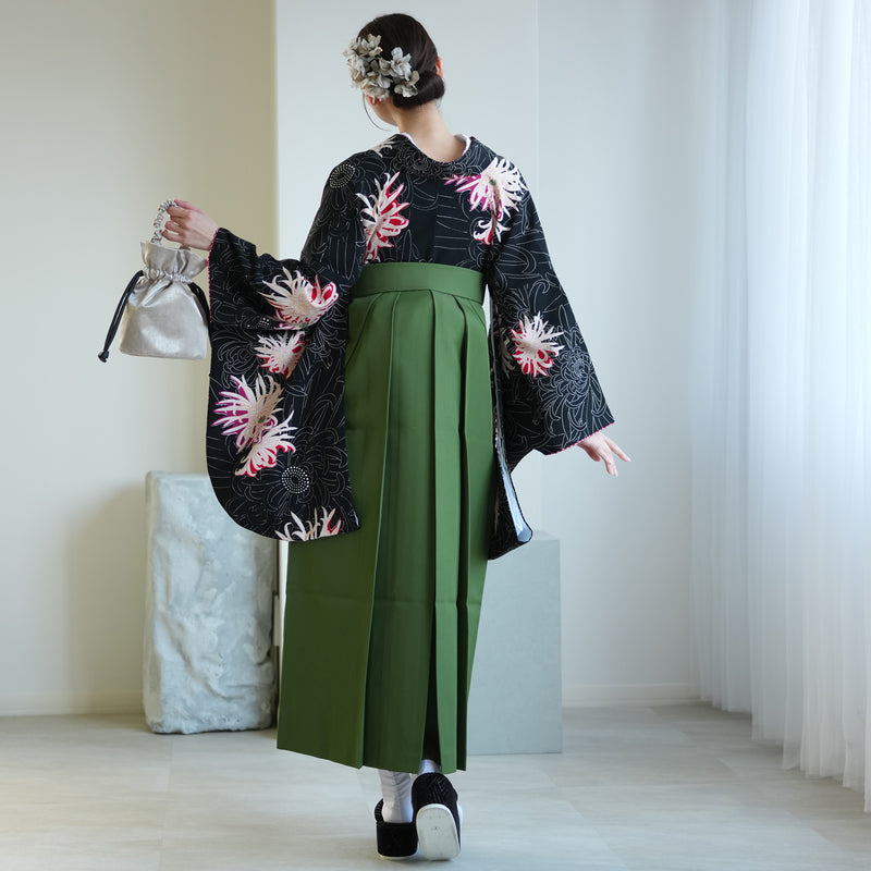 【レンタル】九重 2尺袖 袴 17点セット 91-99cm 日本製 レトロモダン系 糸菊 黒系（1020654701）