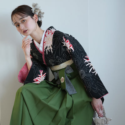 【レンタル】九重 2尺袖 袴 17点セット 91-99cm 日本製 レトロモダン系 糸菊 黒系（1020654701）