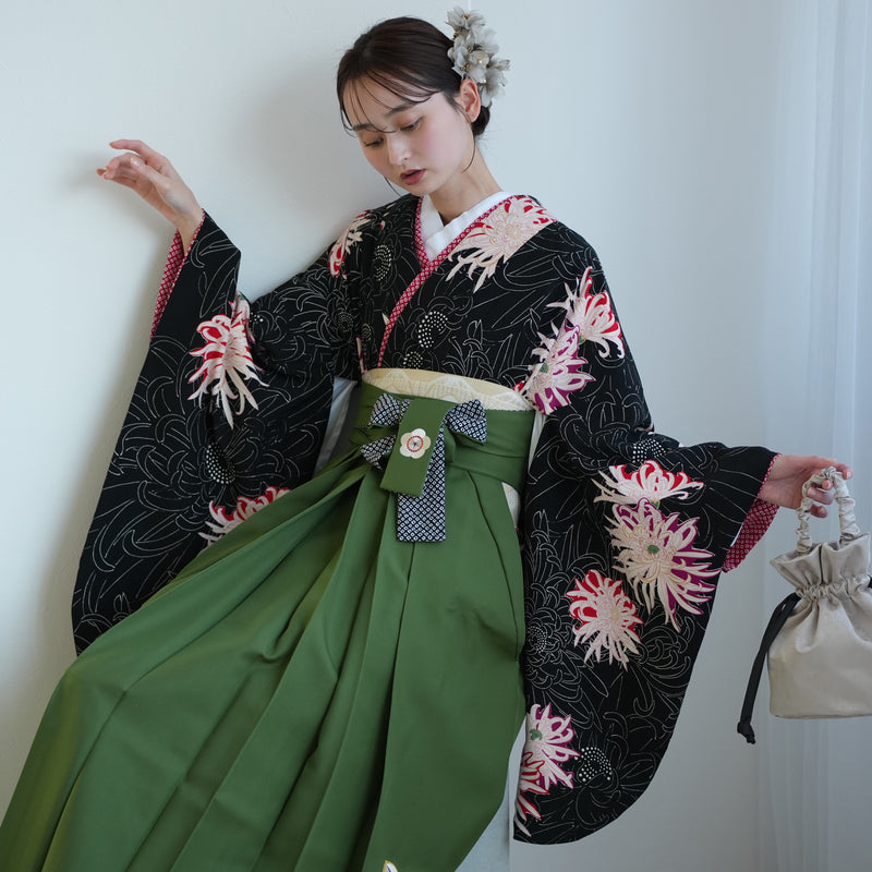 【レンタル】九重 2尺袖 袴 17点セット 91-99cm 日本製 レトロモダン系 糸菊 黒系（1020654701）