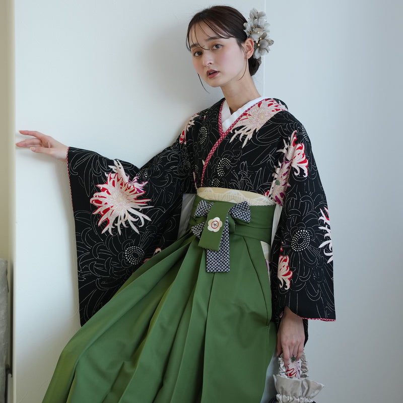 【レンタル】九重 2尺袖 袴 17点セット 91-99cm 日本製 レトロモダン系 糸菊 黒系（1020654701）