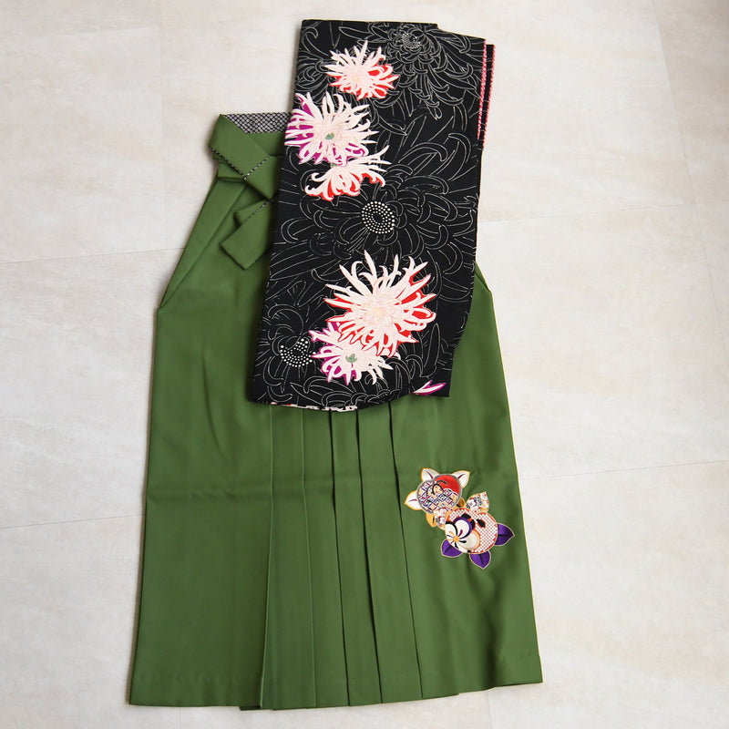 【レンタル】九重 2尺袖 袴 17点セット 91-99cm 日本製 レトロモダン系 糸菊 黒系（1020654701）