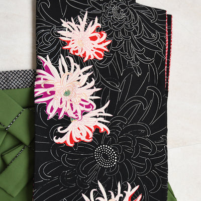 【レンタル】九重 2尺袖 袴 17点セット 91-99cm 日本製 レトロモダン系 糸菊 黒系（1020654701）