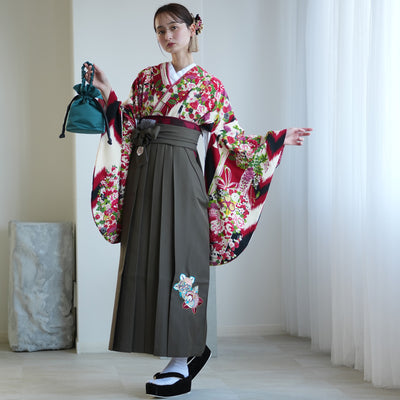 【レンタル】九重 2尺袖 袴 17点セット 91-99cm 日本製 レトロモダン系 花くす玉 赤系（1020654801）