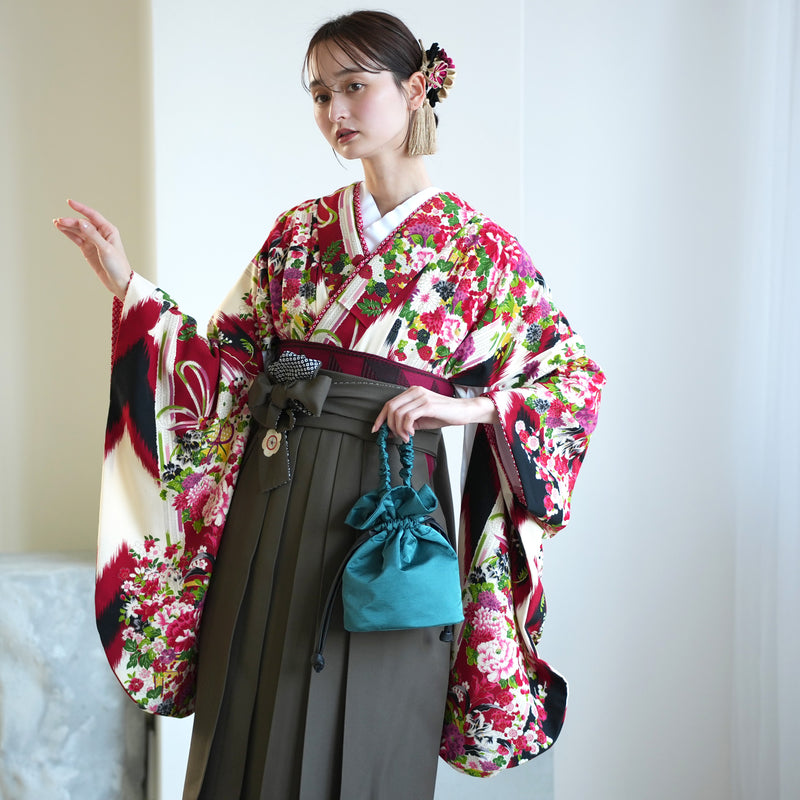 【レンタル】九重 2尺袖 袴 17点セット 91-99cm 日本製 レトロモダン系 花くす玉 赤系（1020654801）