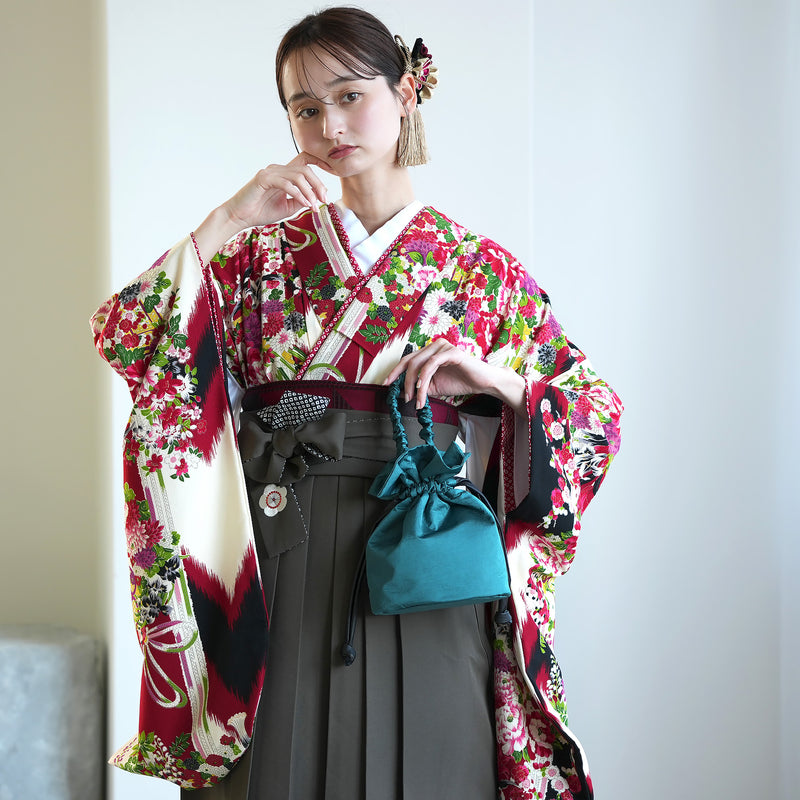 【レンタル】九重 2尺袖 袴 17点セット 91-99cm 日本製 レトロモダン系 花くす玉 赤系（1020654801）