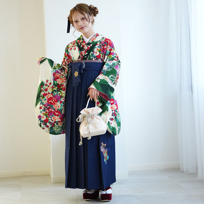 【レンタル】九重 2尺袖 袴 17点セット 91-99cm 日本製 レトロモダン系 花くす玉 緑系（1020654901）