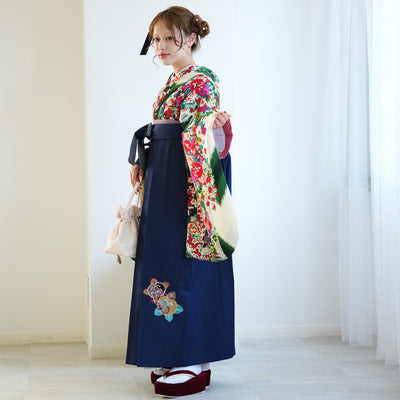 【レンタル】九重 2尺袖 袴 17点セット 91-99cm 日本製 レトロモダン系 花くす玉 緑系（1020654901）