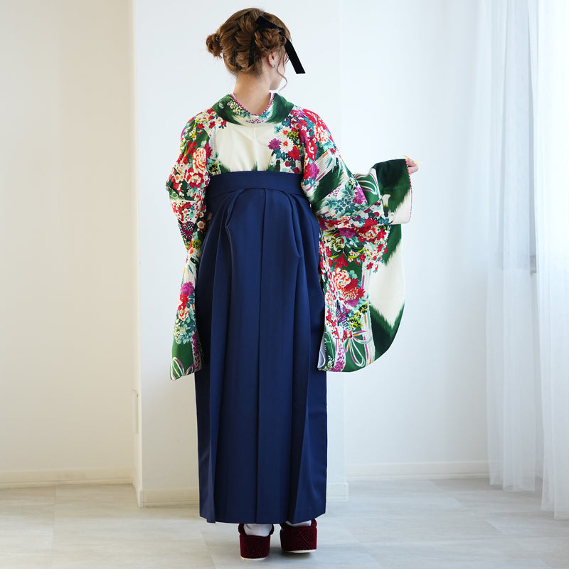 【レンタル】九重 2尺袖 袴 17点セット 91-99cm 日本製 レトロモダン系 花くす玉 緑系（1020654901）