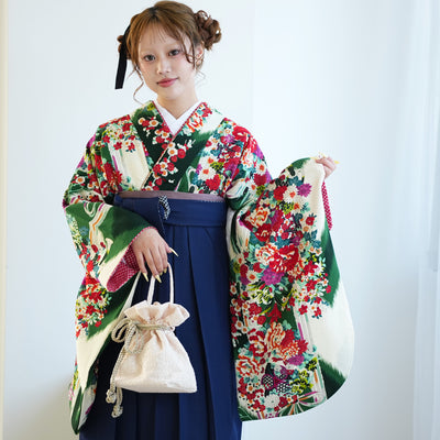 【レンタル】九重 2尺袖 袴 17点セット 91-99cm 日本製 レトロモダン系 花くす玉 緑系（1020654901）