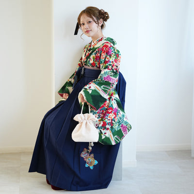 【レンタル】九重 2尺袖 袴 17点セット 91-99cm 日本製 レトロモダン系 花くす玉 緑系（1020654901）