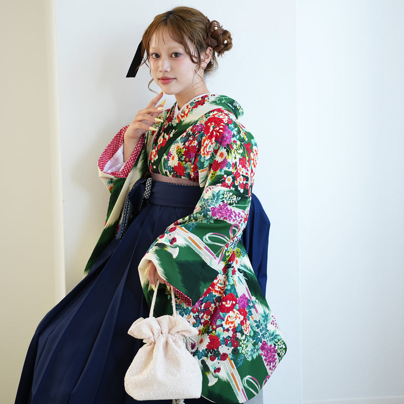 【レンタル】九重 2尺袖 袴 17点セット 91-99cm 日本製 レトロモダン系 花くす玉 緑系（1020654901）