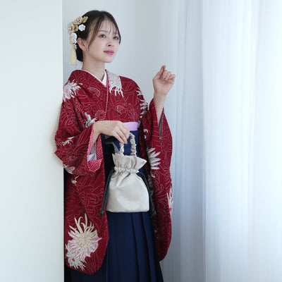 【レンタル】九重 2尺袖 袴 17点セット 91-99cm 日本製 レトロモダン系 糸菊 赤系（1020655001）