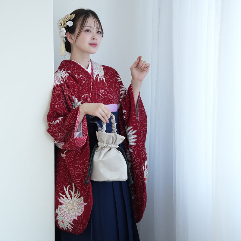 【レンタル】九重 2尺袖 袴 17点セット 91-99cm 日本製 レトロモダン系 糸菊 赤系（1020655001）