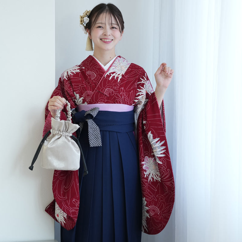 【レンタル】九重 2尺袖 袴 17点セット 91-99cm 日本製 レトロモダン系 糸菊 赤系（1020655001）