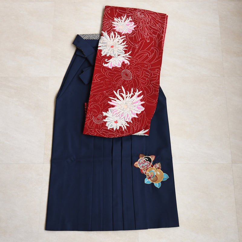 【レンタル】九重 2尺袖 袴 17点セット 91-99cm 日本製 レトロモダン系 糸菊 赤系（1020655001）