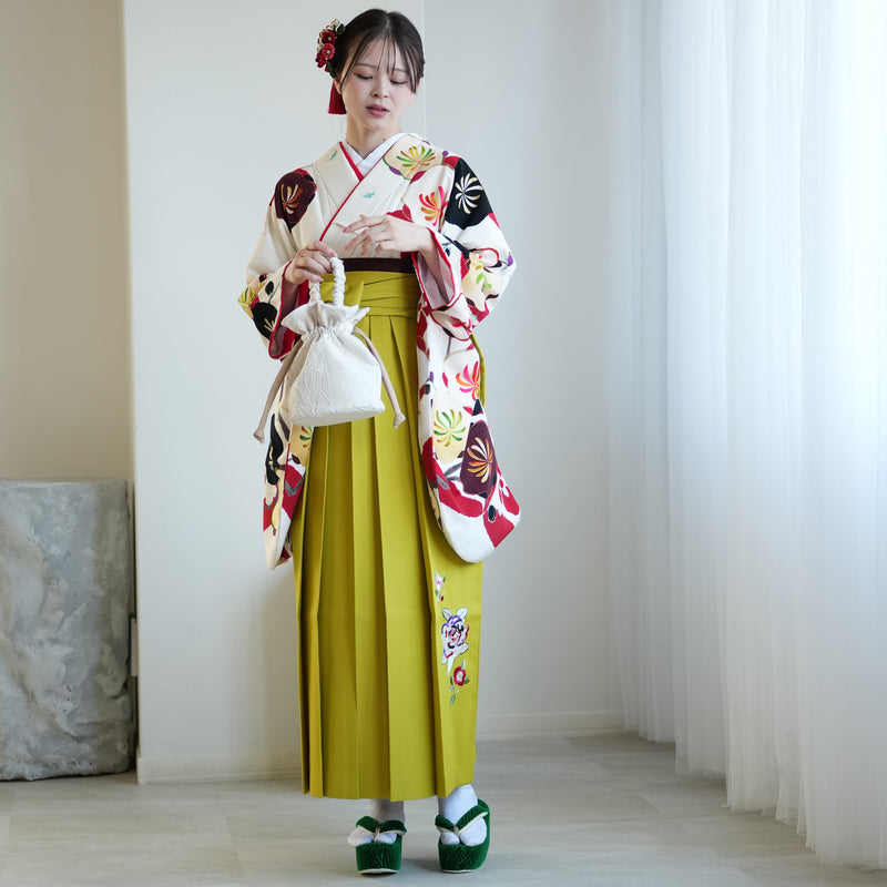 【レンタル】紅一点 2尺袖 袴 17点セット 91-99cm 日本製 レトロモダン系 梅 白系（1020655101）