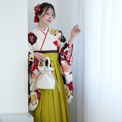 【レンタル】紅一点 2尺袖 袴 17点セット 91-99cm 日本製 レトロモダン系 梅 白系（1020655101）