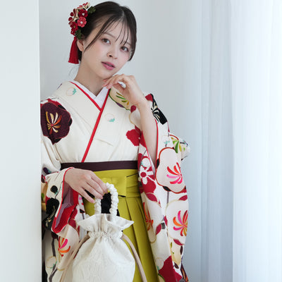 【レンタル】紅一点 2尺袖 袴 17点セット 91-99cm 日本製 レトロモダン系 梅 白系（1020655101）