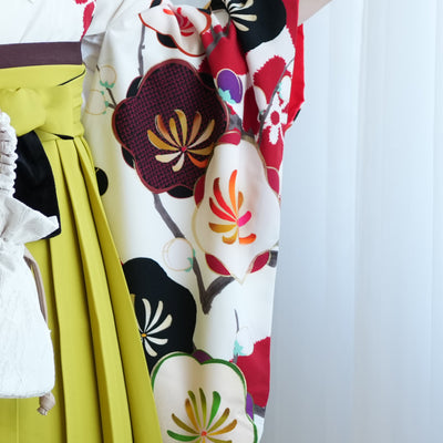 【レンタル】紅一点 2尺袖 袴 17点セット 91-99cm 日本製 レトロモダン系 梅 白系（1020655101）