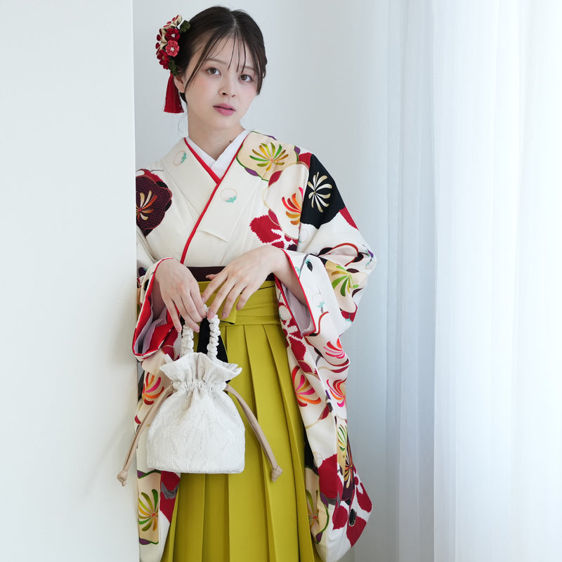 【レンタル】紅一点 2尺袖 袴 17点セット 91-99cm 日本製 レトロモダン系 梅 白系（1020655101）