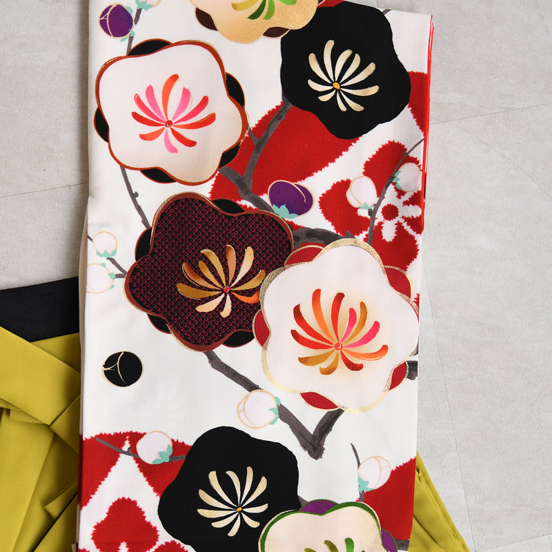 【レンタル】紅一点 2尺袖 袴 17点セット 91-99cm 日本製 レトロモダン系 梅 白系（1020655101）