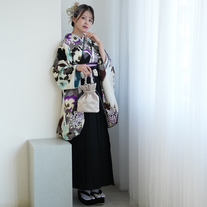 【レンタル】紅一点 2尺袖 袴 17点セット 91-99cm 日本製 レトロモダン系 椿 白系（1020655301）