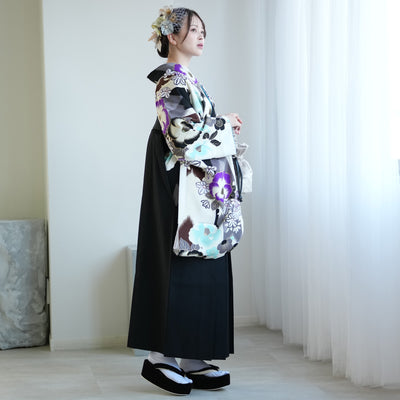 【レンタル】紅一点 2尺袖 袴 17点セット 91-99cm 日本製 レトロモダン系 椿 白系（1020655301）