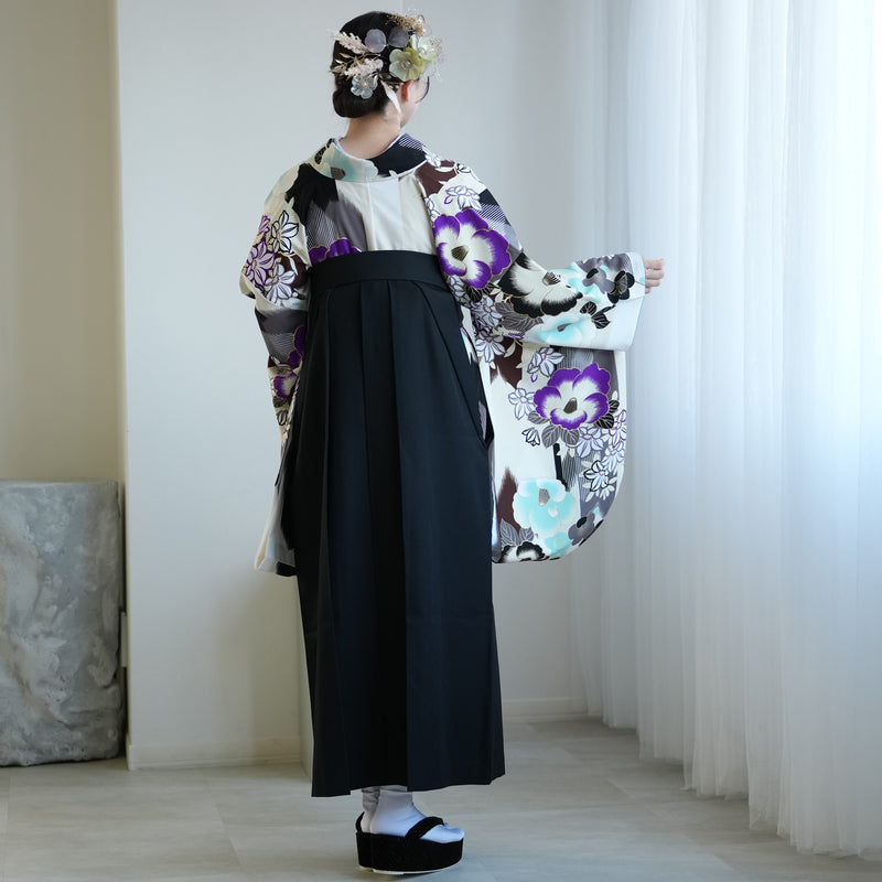 【レンタル】紅一点 2尺袖 袴 17点セット 91-99cm 日本製 レトロモダン系 椿 白系（1020655301）