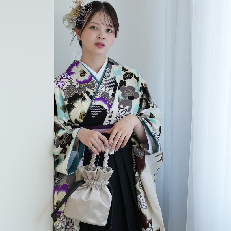 【レンタル】紅一点 2尺袖 袴 17点セット 91-99cm 日本製 レトロモダン系 椿 白系（1020655301）