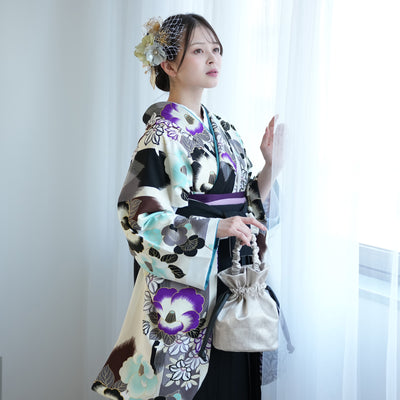 【レンタル】紅一点 2尺袖 袴 17点セット 91-99cm 日本製 レトロモダン系 椿 白系（1020655301）