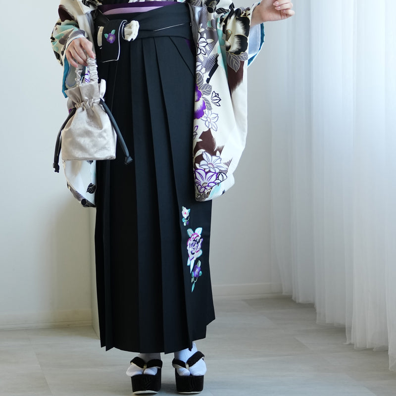 【レンタル】紅一点 2尺袖 袴 17点セット 91-99cm 日本製 レトロモダン系 椿 白系（1020655301）