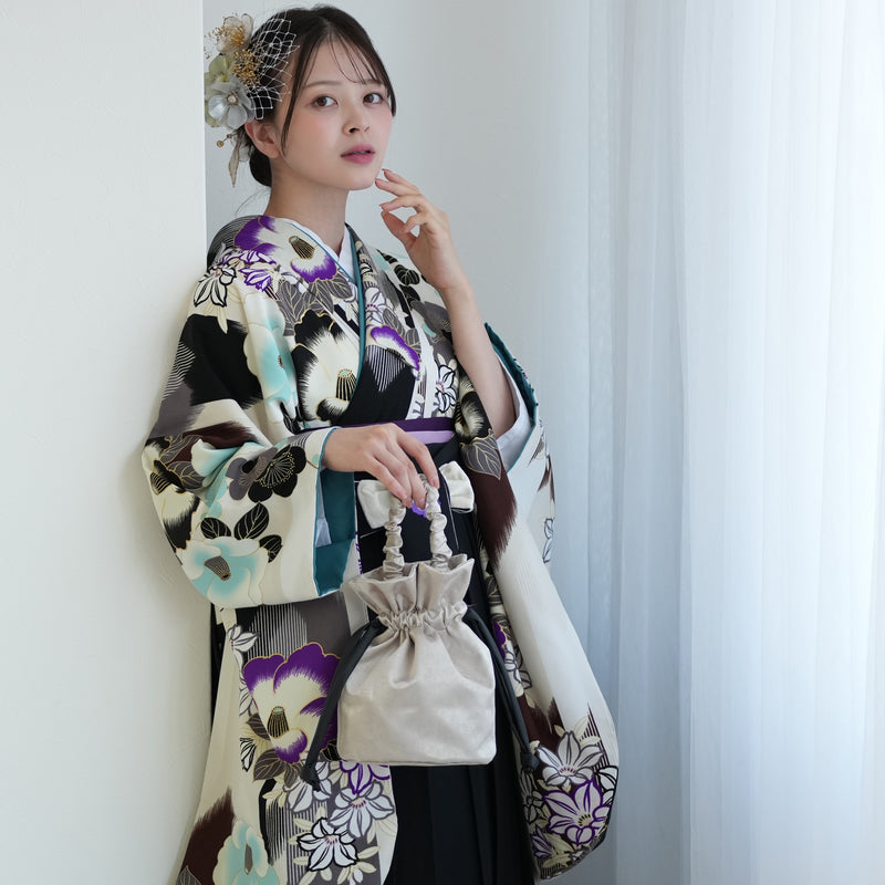 【レンタル】紅一点 2尺袖 袴 17点セット 91-99cm 日本製 レトロモダン系 椿 白系（1020655301）