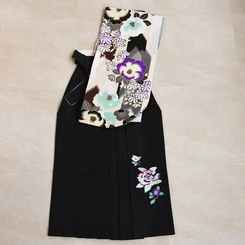 【レンタル】紅一点 2尺袖 袴 17点セット 91-99cm 日本製 レトロモダン系 椿 白系（1020655301）