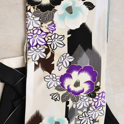 【レンタル】紅一点 2尺袖 袴 17点セット 91-99cm 日本製 レトロモダン系 椿 白系（1020655301）