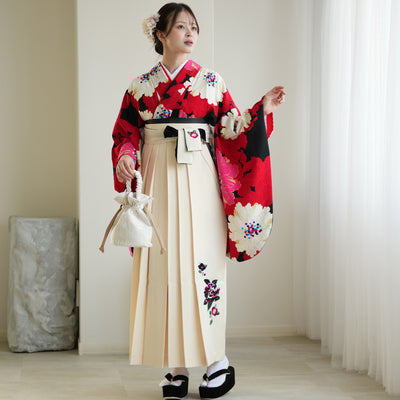 【レンタル】紅一点 2尺袖 袴 17点セット 91-99cm 日本製 レトロモダン系 花 赤 レッド ピンク（1020655501）