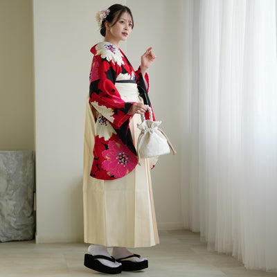 【レンタル】紅一点 2尺袖 袴 17点セット 91-99cm 日本製 レトロモダン系 花 赤 レッド ピンク（1020655501）