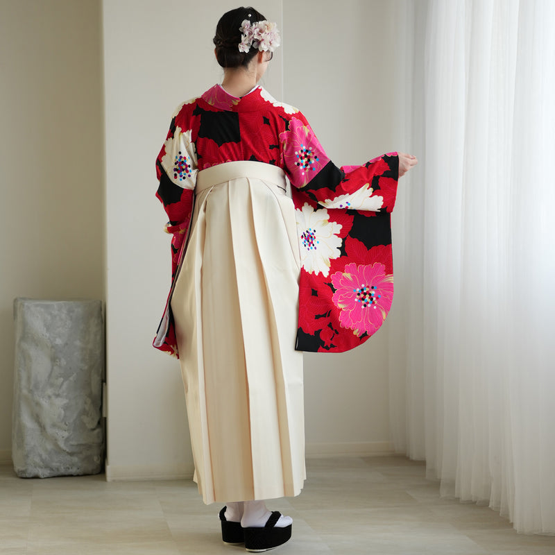 【レンタル】紅一点 2尺袖 袴 17点セット 91-99cm 日本製 レトロモダン系 花 赤 レッド ピンク（1020655501）