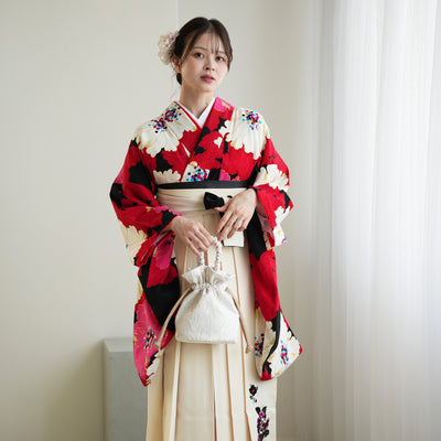 【レンタル】紅一点 2尺袖 袴 17点セット 91-99cm 日本製 レトロモダン系 花 赤 レッド ピンク（1020655501）