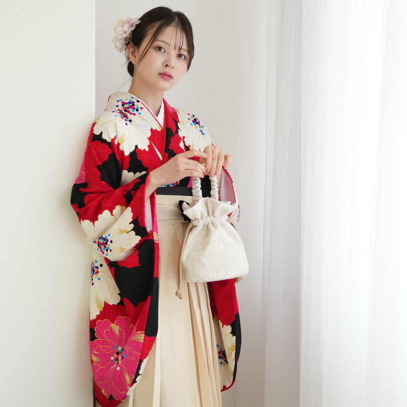 【レンタル】紅一点 2尺袖 袴 17点セット 91-99cm 日本製 レトロモダン系 花 赤 レッド ピンク（1020655501）