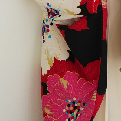 【レンタル】紅一点 2尺袖 袴 17点セット 91-99cm 日本製 レトロモダン系 花 赤 レッド ピンク（1020655501）