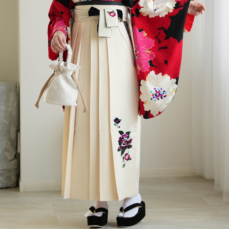 【レンタル】紅一点 2尺袖 袴 17点セット 91-99cm 日本製 レトロモダン系 花 赤 レッド ピンク（1020655501）