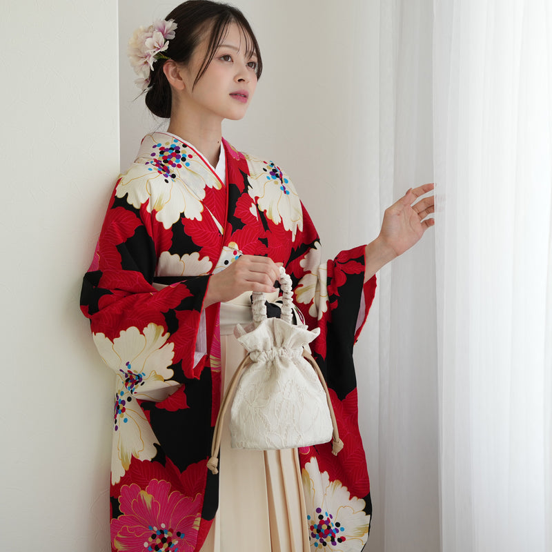 【レンタル】紅一点 2尺袖 袴 17点セット 91-99cm 日本製 レトロモダン系 花 赤 レッド ピンク（1020655501）