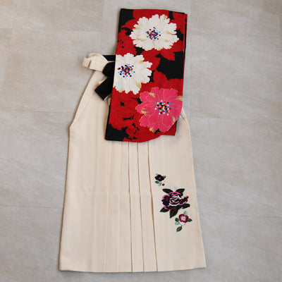 【レンタル】紅一点 2尺袖 袴 17点セット 91-99cm 日本製 レトロモダン系 花 赤 レッド ピンク（1020655501）