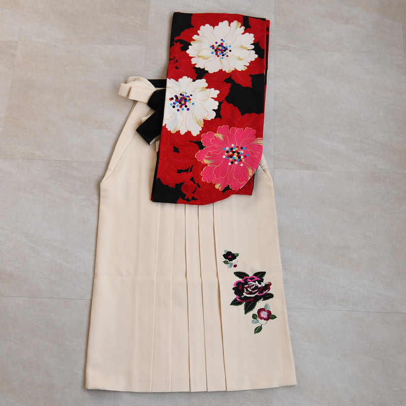 【レンタル】紅一点 2尺袖 袴 17点セット 91-99cm 日本製 レトロモダン系 花 赤 レッド ピンク（1020655501）