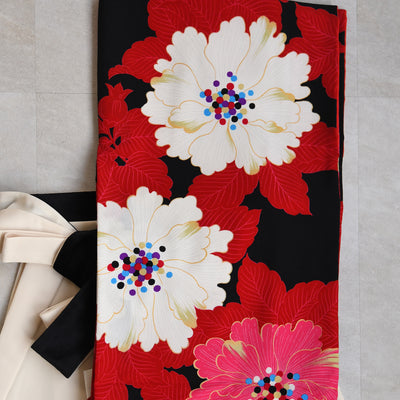 【レンタル】紅一点 2尺袖 袴 17点セット 91-99cm 日本製 レトロモダン系 花 赤 レッド ピンク（1020655501）