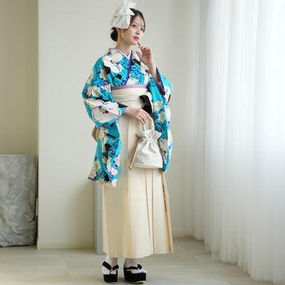 【レンタル】紅一点 2尺袖 袴 17点セット 91-99cm 日本製 レトロモダン系 椿 水色系（1020655601）