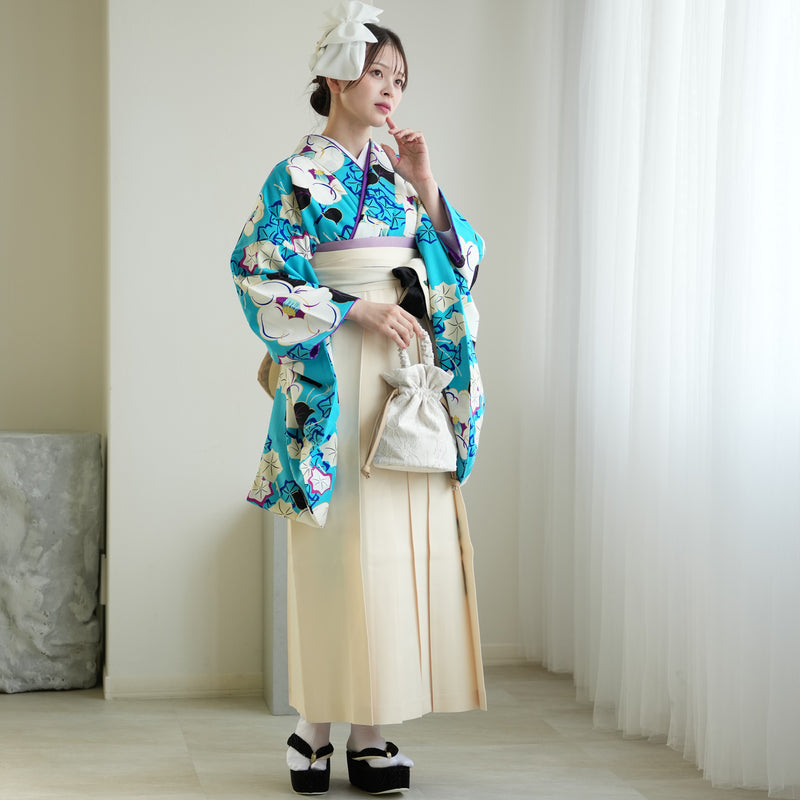 【レンタル】紅一点 2尺袖 袴 17点セット 91-99cm 日本製 レトロモダン系 椿 水色系（1020655601）
