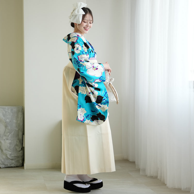 【レンタル】紅一点 2尺袖 袴 17点セット 91-99cm 日本製 レトロモダン系 椿 水色系（1020655601）