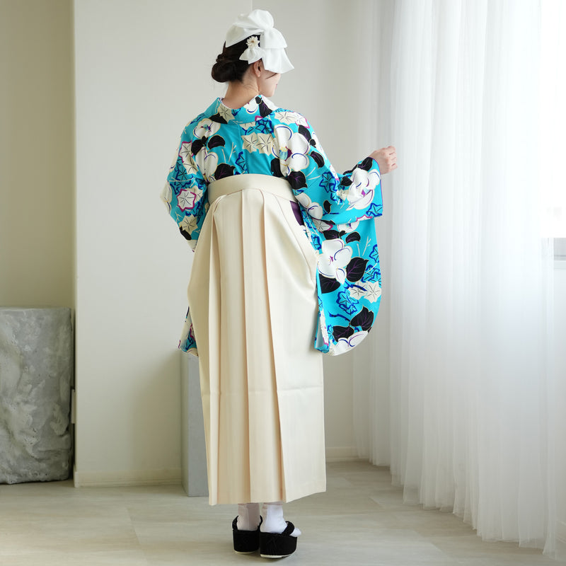 【レンタル】紅一点 2尺袖 袴 17点セット 91-99cm 日本製 レトロモダン系 椿 水色系（1020655601）